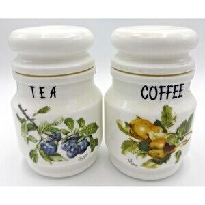 Vintage Giorgi Milk Glass Coffee & Tea Kitchen Canisters Blueberry and Pears